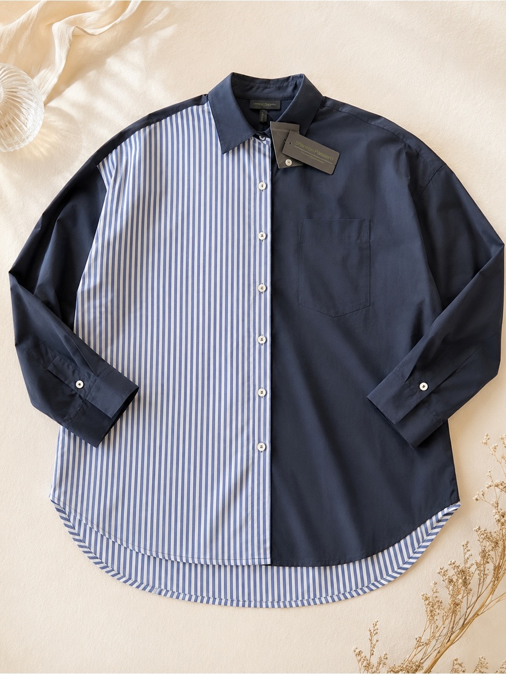 Womens Two-Tone Navy & Blue Stripe Button-Down Shirt